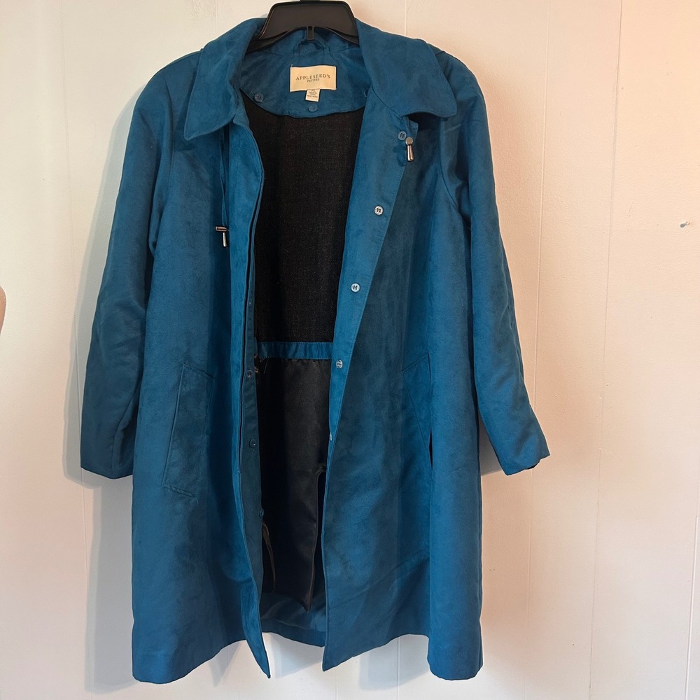 Appleseeds Petites Teal Blue Faux Suede Trench Coat Jacket PL‎ Petite Large